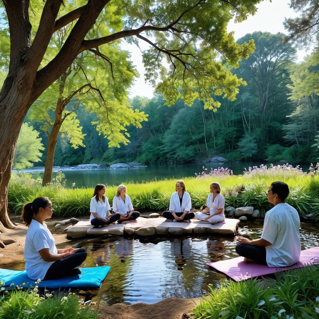 A serene landscape depicting a diverse group of oncologists and patients engaged in a vibrant outdoor therapy session, surrounded by nature's healing elements like trees, flowers, and flowing water. Include symbols of integrative healing such as crystals, herbal remedies, and yoga mats in a harmonious arrangement. The atmosphere should radiate warmth and hope, emphasizing collaboration and wellness. soft focus. vibrant colors. peaceful ambiance.